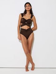Reiss Chocolate Brown Maisie Wrap-Around Ruched Bikini Top - Image 3 of 6