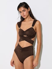 Reiss Chocolate Brown Maisie Wrap-Around Ruched Bikini Top - Image 4 of 6