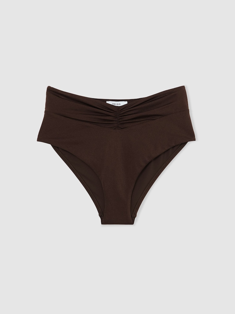 Reiss Chocolate Brown Maisie High-Waisted Ruched Bikini Bottoms - Image 2 of 6 Reiss Chocolate Brown Maisie High-Waisted Ruched Bikini Bottoms - Image 2 of 6