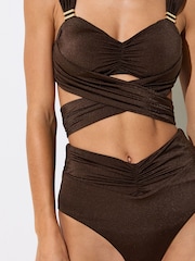 Reiss Chocolate Brown Maisie High-Waisted Ruched Bikini Bottoms - Image 4 of 6