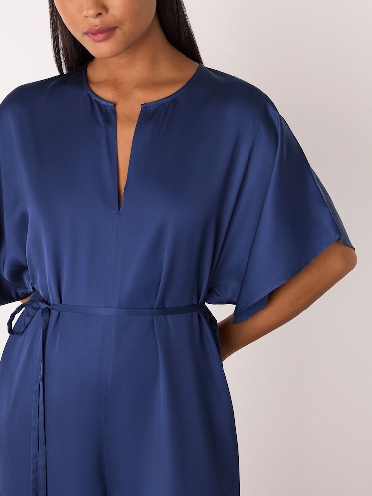 Whistles Blue Petite Petite Satin Short Sleeve Jumpsuit - Image 4 of 4