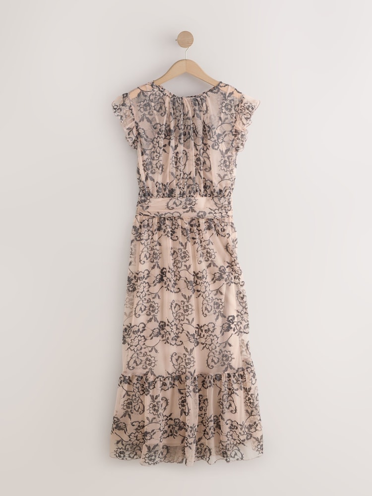 Pink/Black Lace Tiered Occasion Maxi Dress - Image 1 of 3