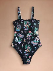 Cath Kidston Monochrome Island Print Frill Trim Swimsuit - Image 1 of 3