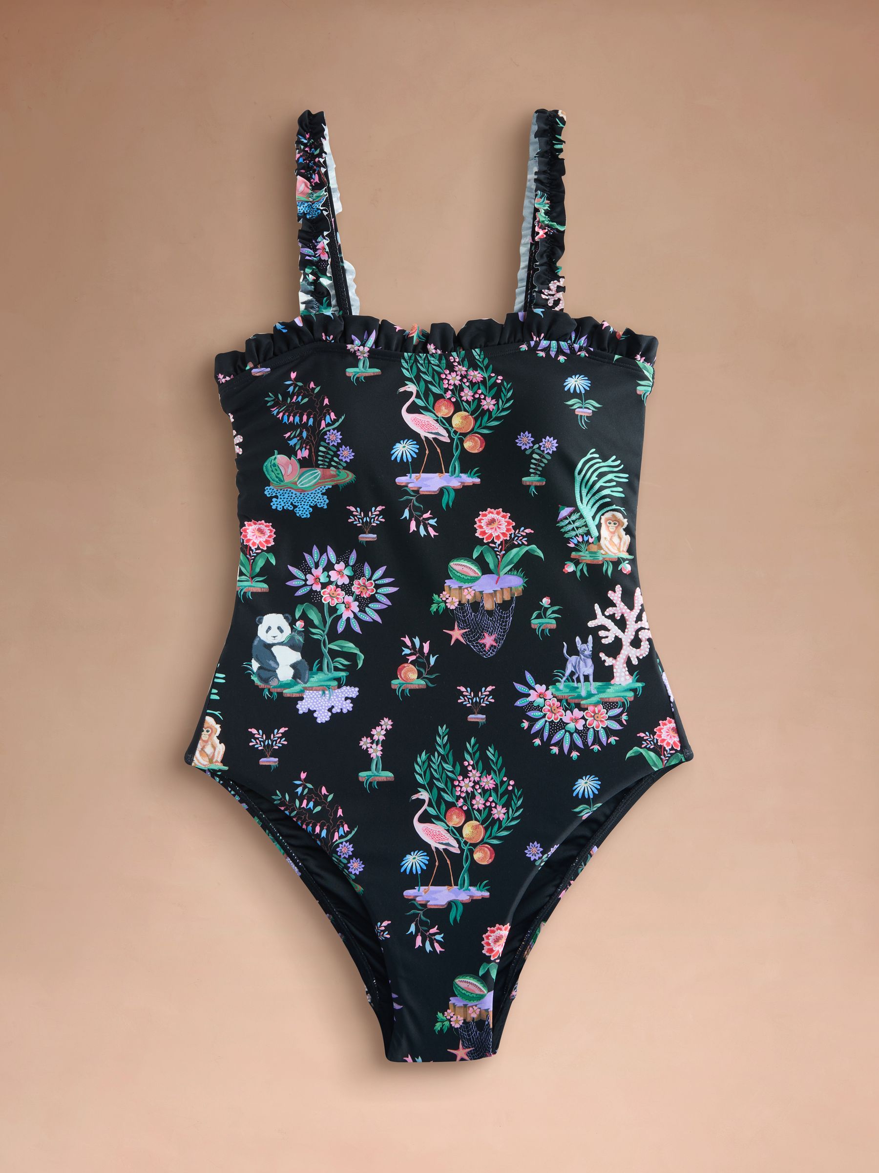 Buy Cath Kidston Monochrome Island Print Frill Trim Swimsuit from