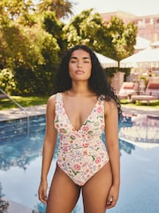 Cath Kidston Ecru Flamingo Print Plunge Swimsuit - Image 1 of 4