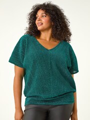 Roman Green Curve Metallic Plisse Banded Tunic Top - Image 1 of 5