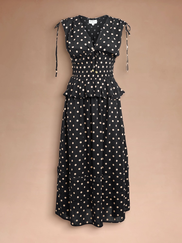 Cath Kidston Black Spot Shirred Midi Dress - Image 1 of 3