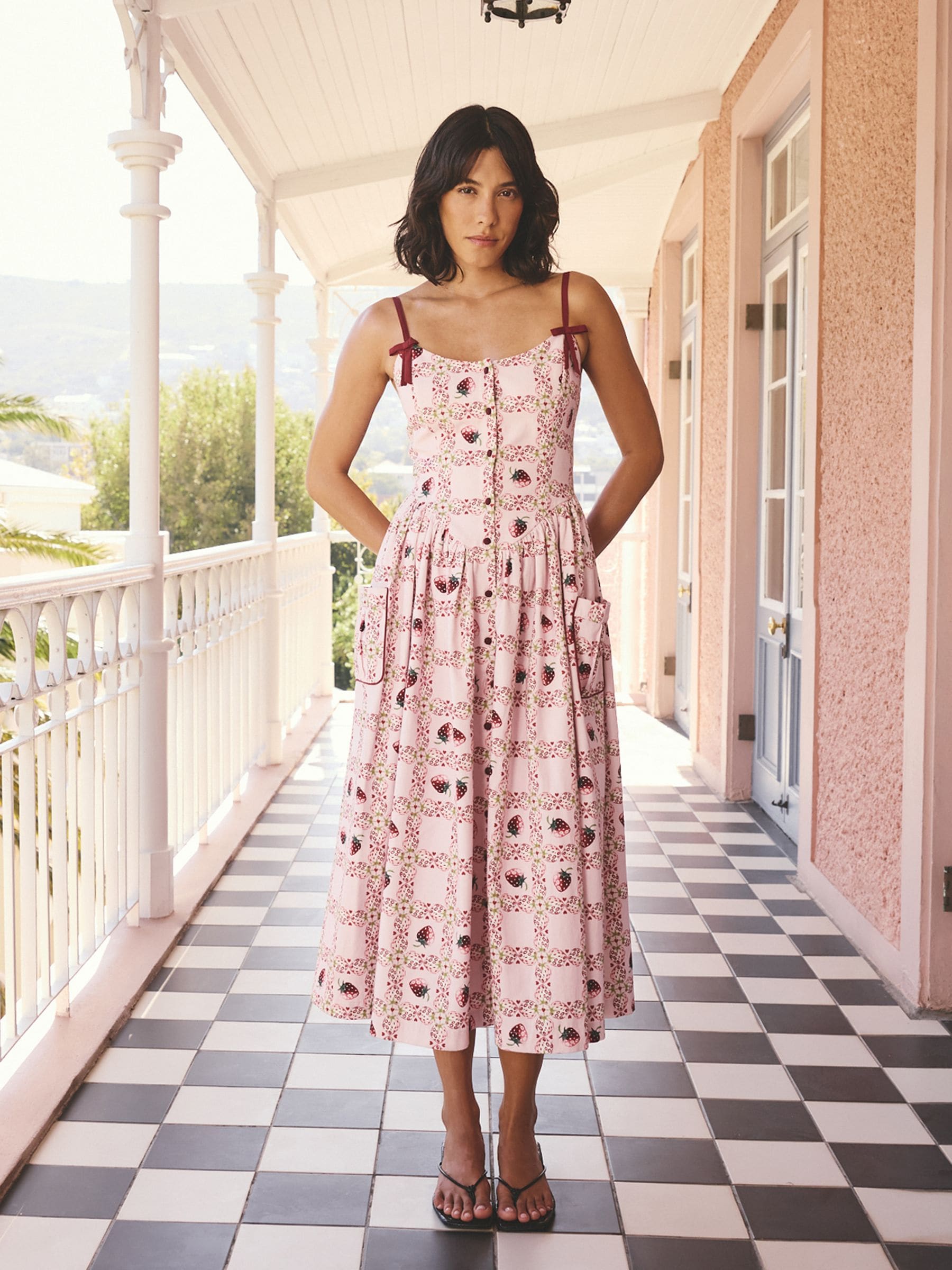 Buy Cath Kidston Pink Strawberry Check Strappy Fitted Midi Dress