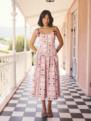 Cath Kidston Pink Strawberry Check Strappy Fitted Midi Dress - Image 1 of 4