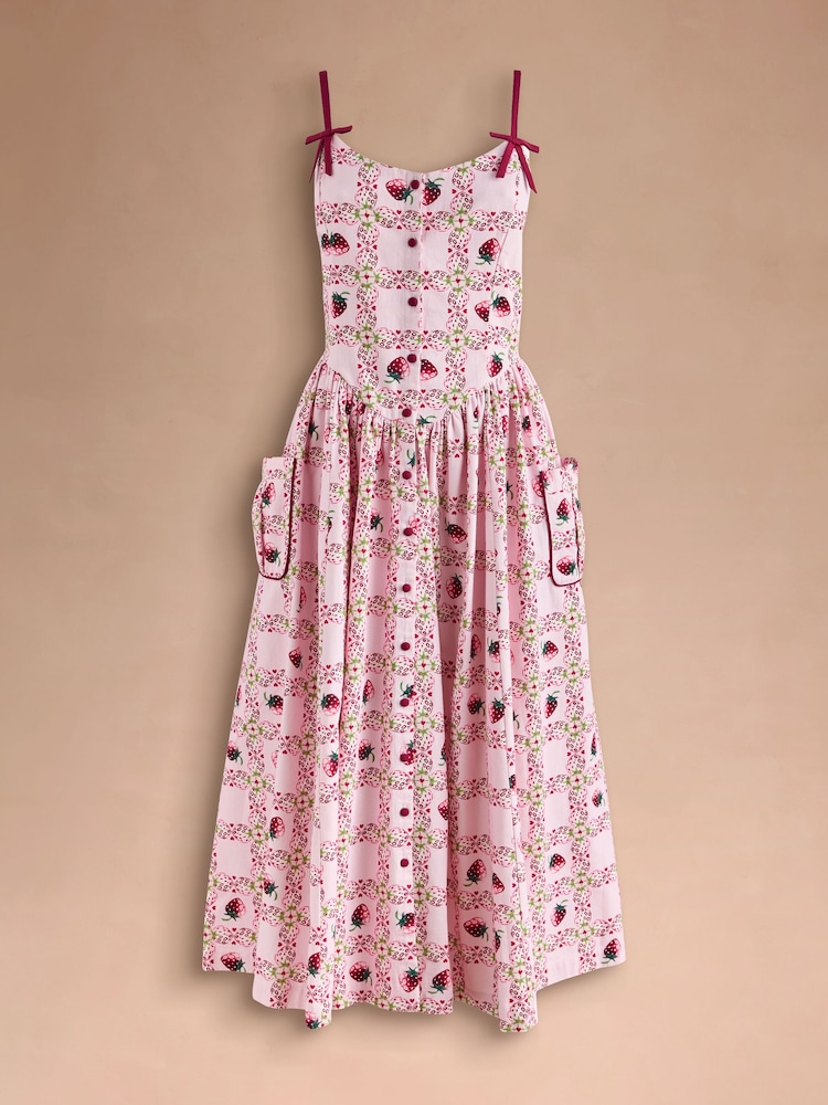 Cath Kidston Pink Strawberry Check Strappy Fitted Midi Dress - Image 2 of 4