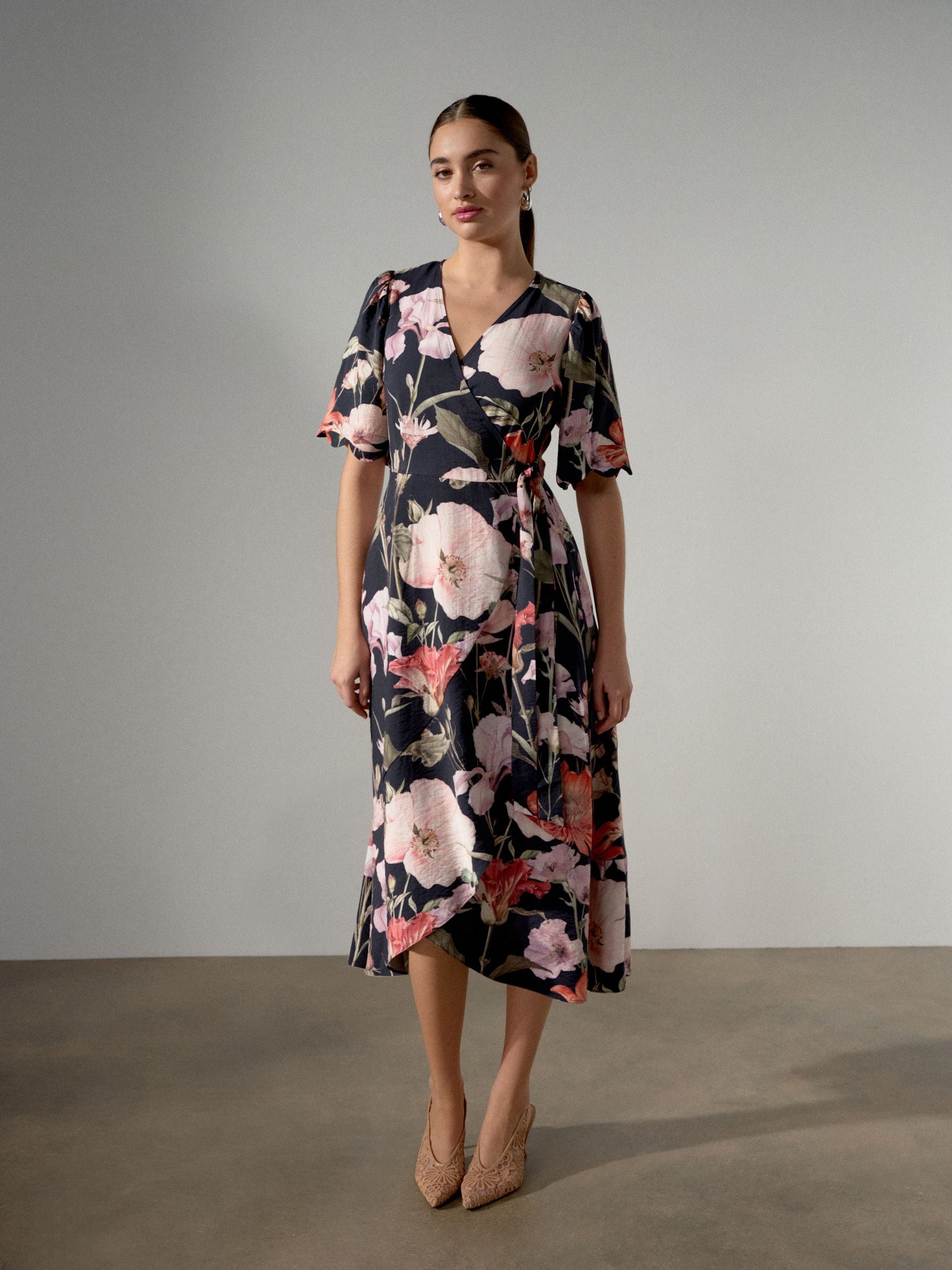 Buy Navy Blue Floral Scallop Sleeve Wrap Midi Dress from Next Romania