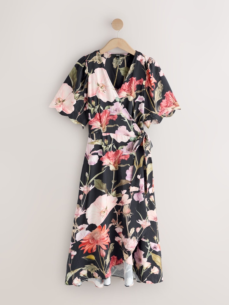 Navy Blue Floral Printed - 扇形袖裹身中长连衣裙 - 3的图像1} Navy Blue Floral Printed - 扇形袖裹身中长连衣裙 - 3的图像1}