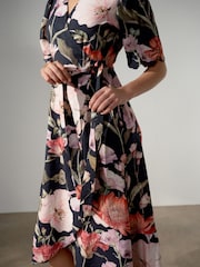Navy Blue Floral Scallop Sleeve Wrap Midi Dress - Image 4 of 7