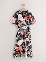 Navy Blue Floral Scallop Sleeve Wrap Midi Dress - Image 5 of 7