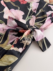 Navy Blue Floral Scallop Sleeve Wrap Midi Dress - Image 6 of 7