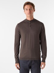 Oliver Sweeney Merino Wool Buttoned Funnel-Neck Brown Jumper - Image 1 of 5