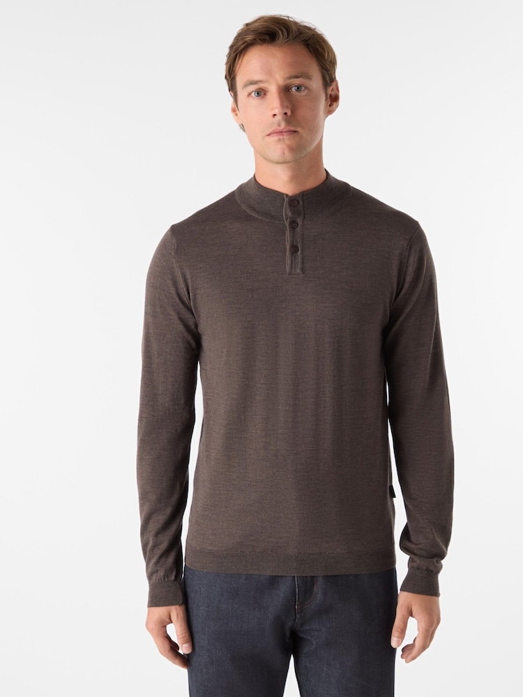 Oliver Sweeney Merino Wool Buttoned Funnel-Neck Brown Jumper - Image 1 of 5