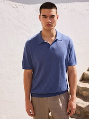 Blue Argyle N. Premium Linen Rich Knit Trophy Polo Shirt - Image 1 of 4