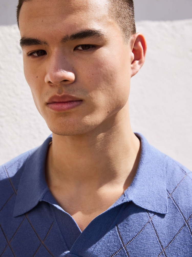 Blue Argyle N. Premium Linen Rich Knit Trophy Polo Shirt - Image 4 of 4