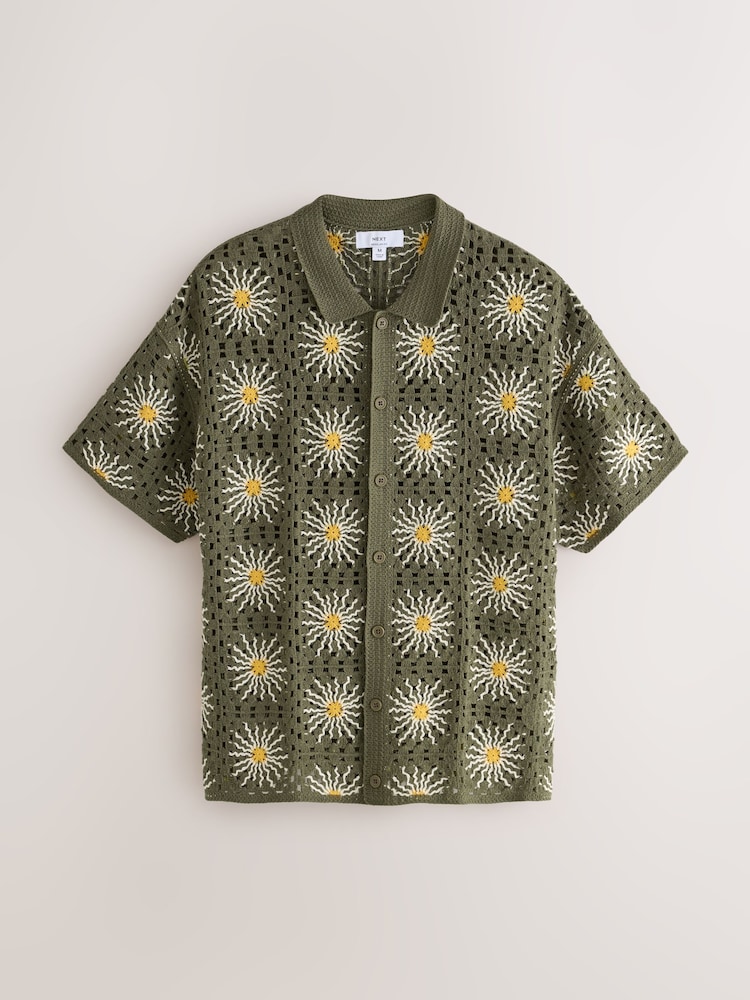 Dark Green Floral Tile Crochet Knitted Shirt - Image 1 of 3