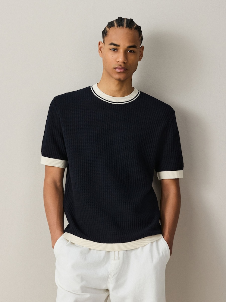 Navy Blue Cotton Knit Ringer T-Shirt - Image 1 of 5