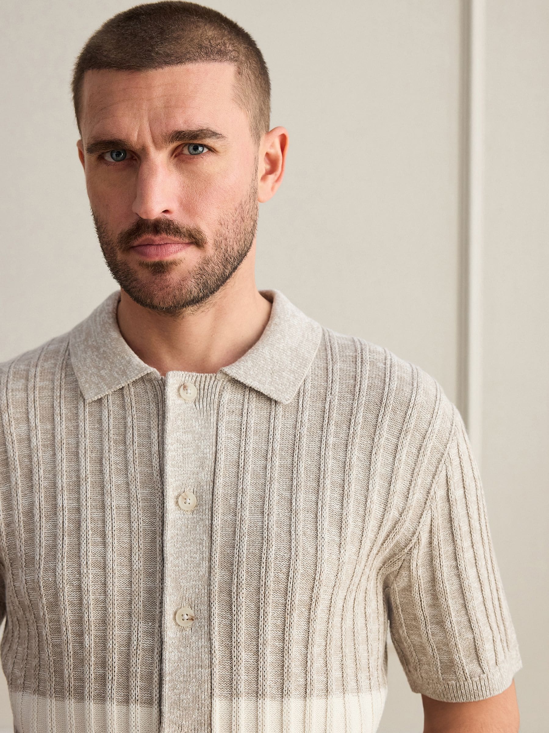 Buy Neutral Signature Stripe Knitted Shirt with Linen from Next USA