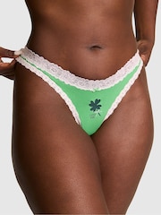 Victoria's Secret PINK Wild Green 'Wish Me Luck' Thong Cotton Lace Trim Knickers - Image 1 of 2