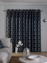 Navy Blue Eyelet Luxe Evie Geometric Jacquard Eyelet Curtains - Image 1 of 4