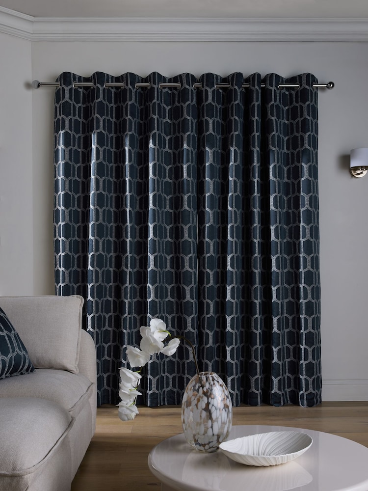 Navy Blue Eyelet Luxe Evie Geometric Jacquard Eyelet Curtains - Image 1 of 4