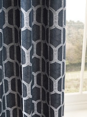 Navy Blue Eyelet Luxe Evie Geometric Jacquard Eyelet Curtains - Image 3 of 4