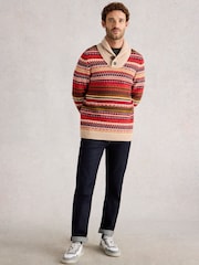 White Stuff Red Tenby Fairisle Shawl Neck Jumper - Image 1 of 6