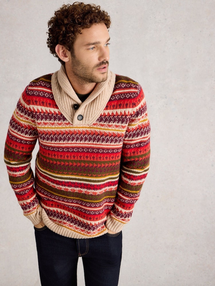 White Stuff Red Tenby Fairisle Shawl Neck Jumper - Image 2 of 6