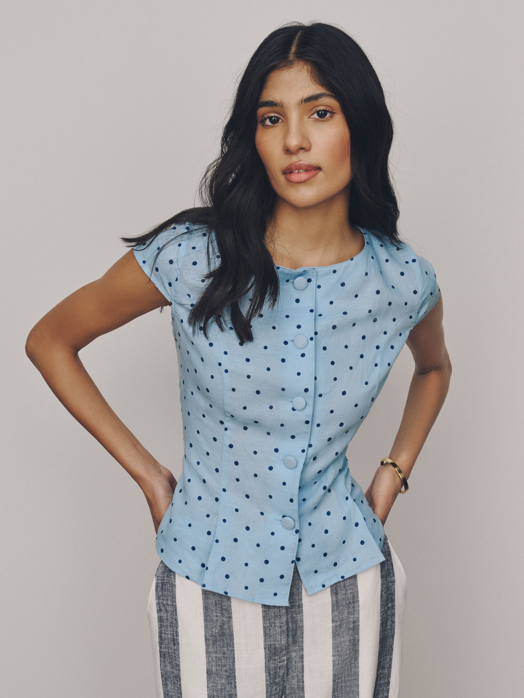 Buy Blue Polka Dot Linen Blend Structured Short Sleeve Top from