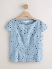 Blue Polka Dot Linen Blend Structured Short Sleeve Top - Image 4 of 6