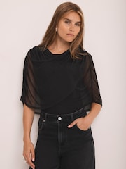 Mint Velvet Black Mesh Cape Detail Top - Image 1 of 7