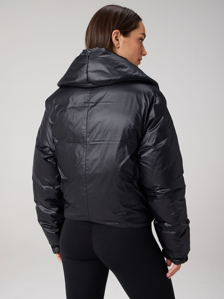 Fabletics Black Shawl Collar Puffer Shine Jacket - Image 2 of 3 Fabletics Black Shawl Collar Puffer Shine Jacket - Image 2 of 3