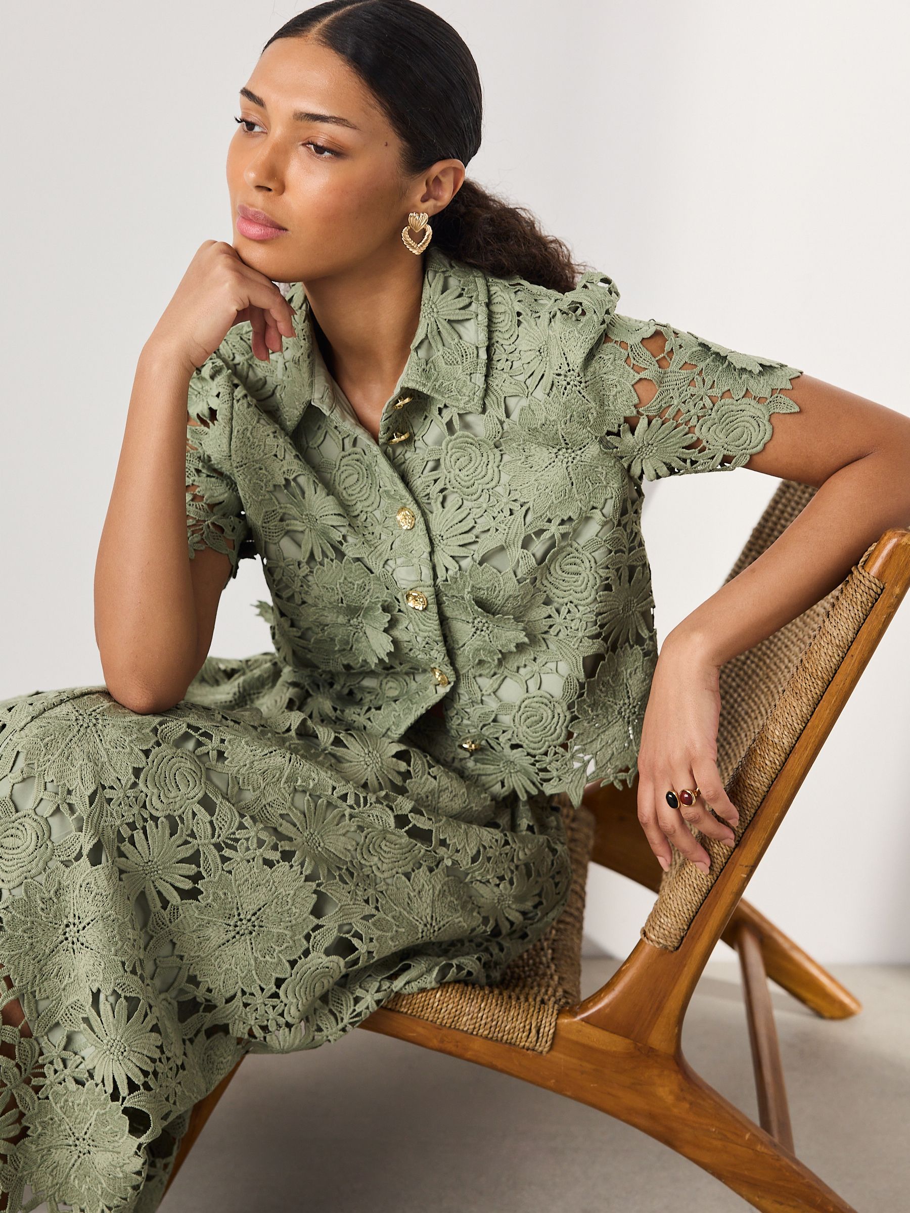Buy Sage Green N. Premium Occasion Floral Lace Short Sleeve Top