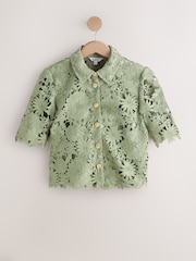 Salbeigrün - N. Premium Occasion Floral Lace Short Sleeve Top - Bild 6 von 8