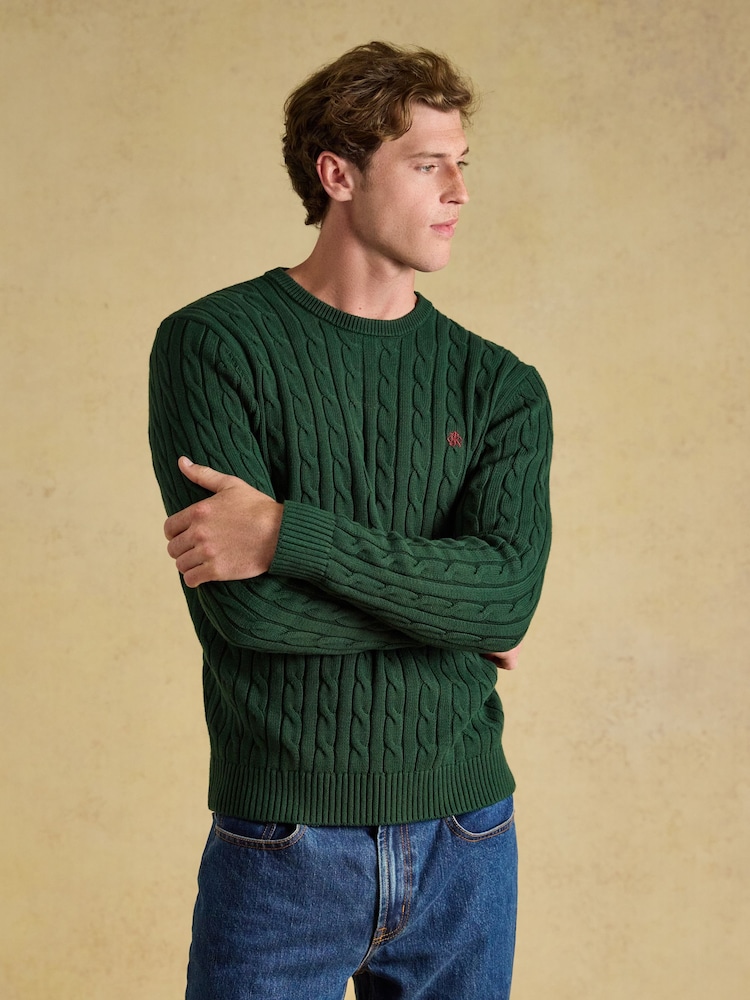 Joules Green Crew Neck Cotton Cable Knit Jumper - Image 1 of 7 Joules Green Crew Neck Cotton Cable Knit Jumper - Image 1 of 7