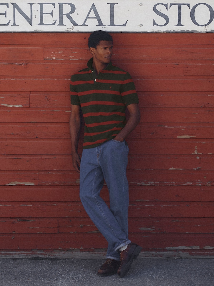 Joules Woody Green & Orange Striped Short Sleeve Cotton Pique Polo Shirt - Image 1 of 10
