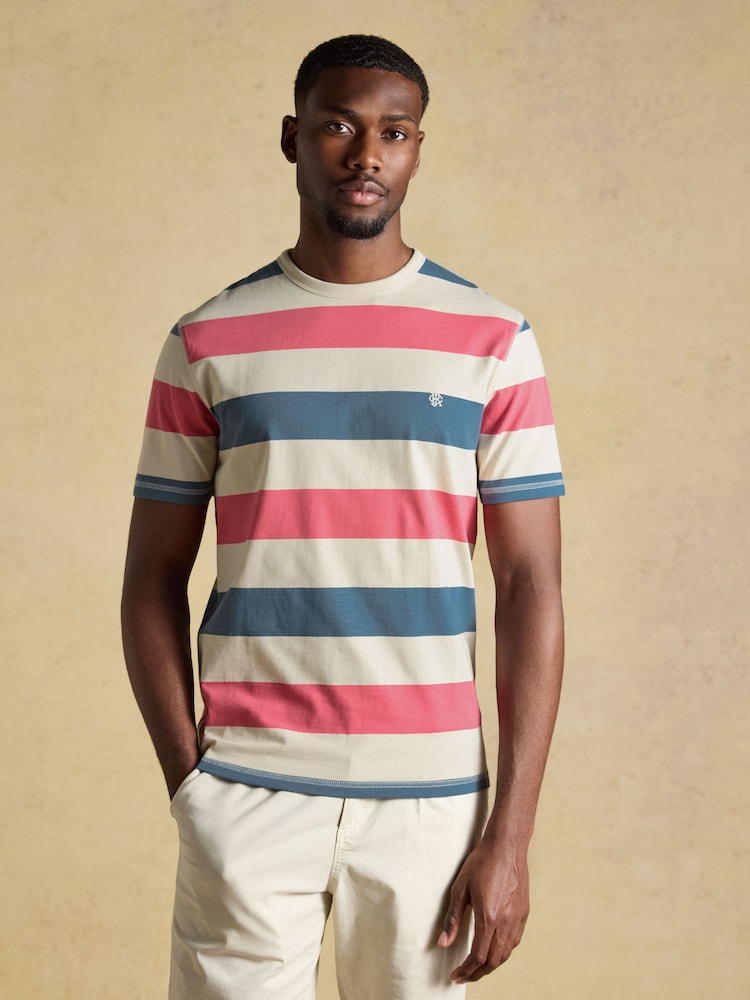 Joules Rugby Club Pink & Blue Striped Crew Neck Cotton T-Shirt - Image 1 of 8