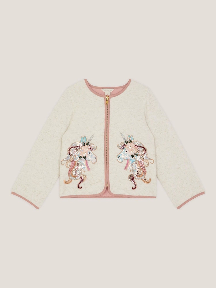 Monsoon Cream Unicorn Embellished Quilted Jacket - Image 1 of 3