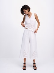 The Set 2 Pack Broderie Hem Cropped Cotton Trousers White/Chocolate Brown - Image 1 of 6