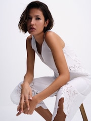 The Set 2 Pack Broderie Hem Cropped Cotton Trousers White/Chocolate Brown - Image 4 of 6