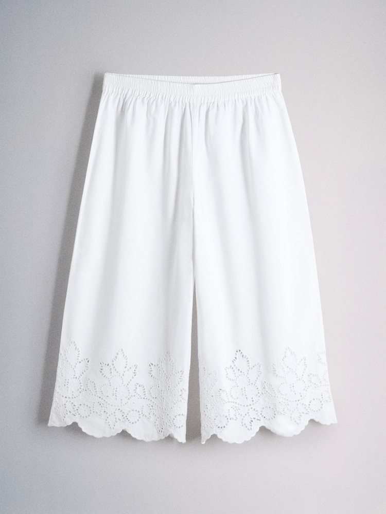 The Set 2 Pack Broderie Hem Cropped Cotton Trousers White/Chocolate Brown - Image 6 of 6