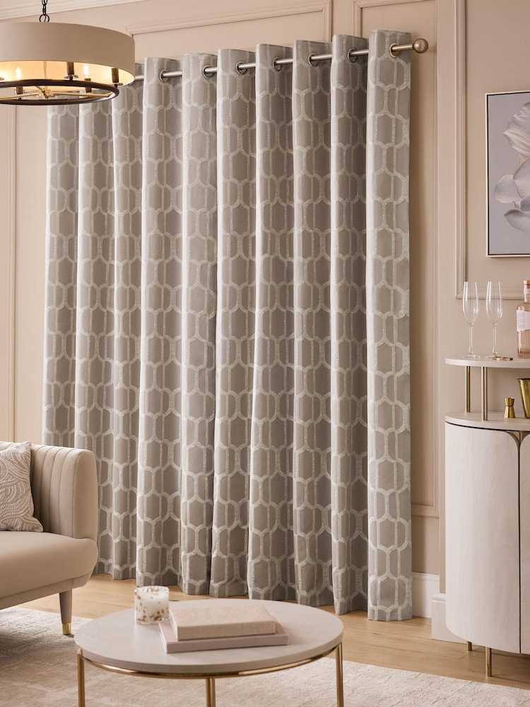 Natural/Champagne Gold Eyelet Luxe Evie Geometric Jacquard Eyelet Curtains - Image 2 of 6 Natural/Champagne Gold Eyelet Luxe Evie Geometric Jacquard Eyelet Curtains - Image 2 of 6