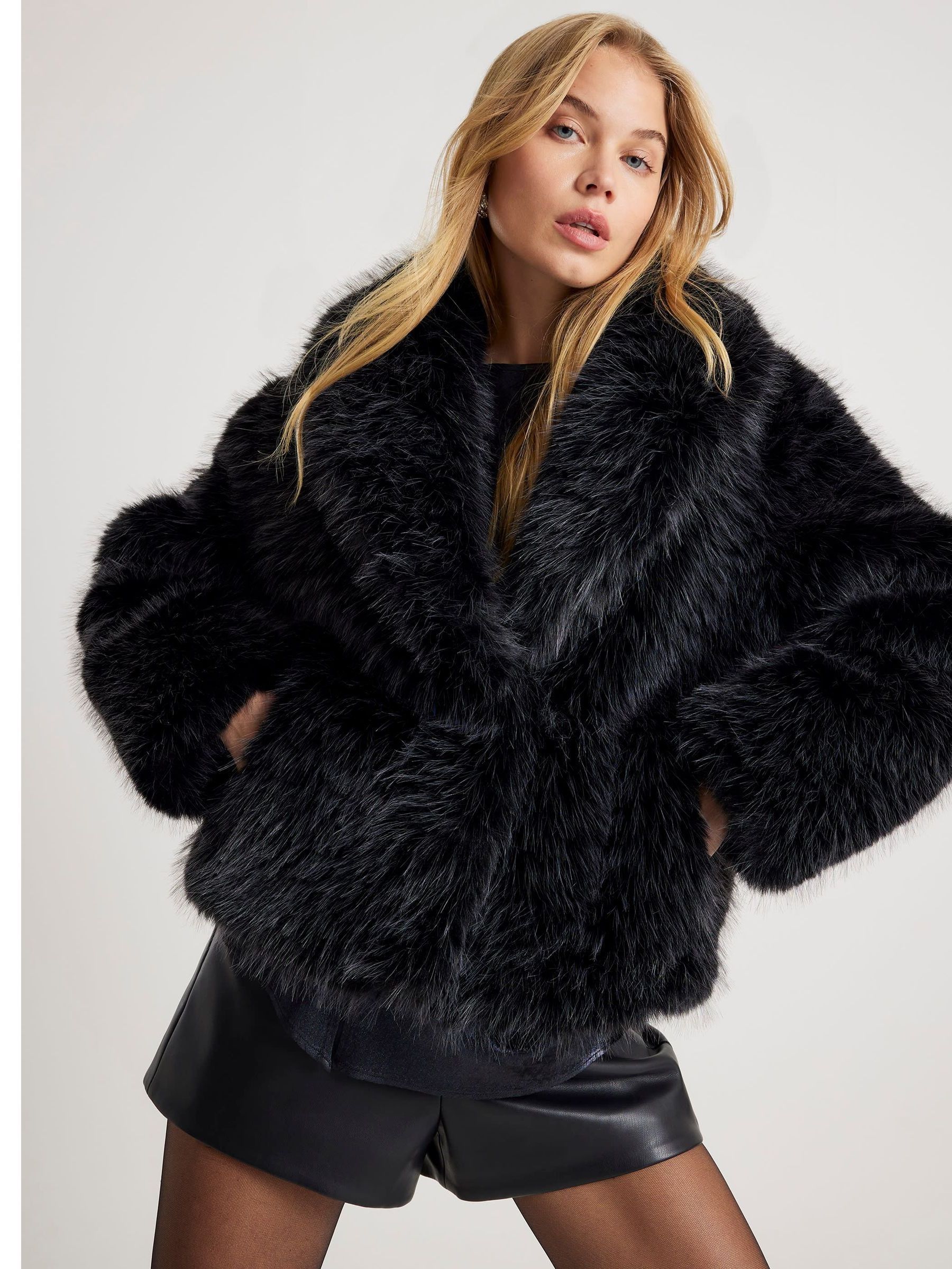 Buy River Island Black Short Faux Fur Coat from the Next UK online