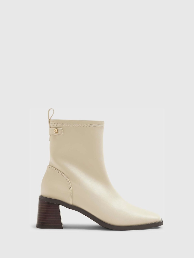 River Island Cream Block Heel Stretch Sock Boots - Image 1 of 5 River Island Cream Block Heel Stretch Sock Boots - Image 1 of 5