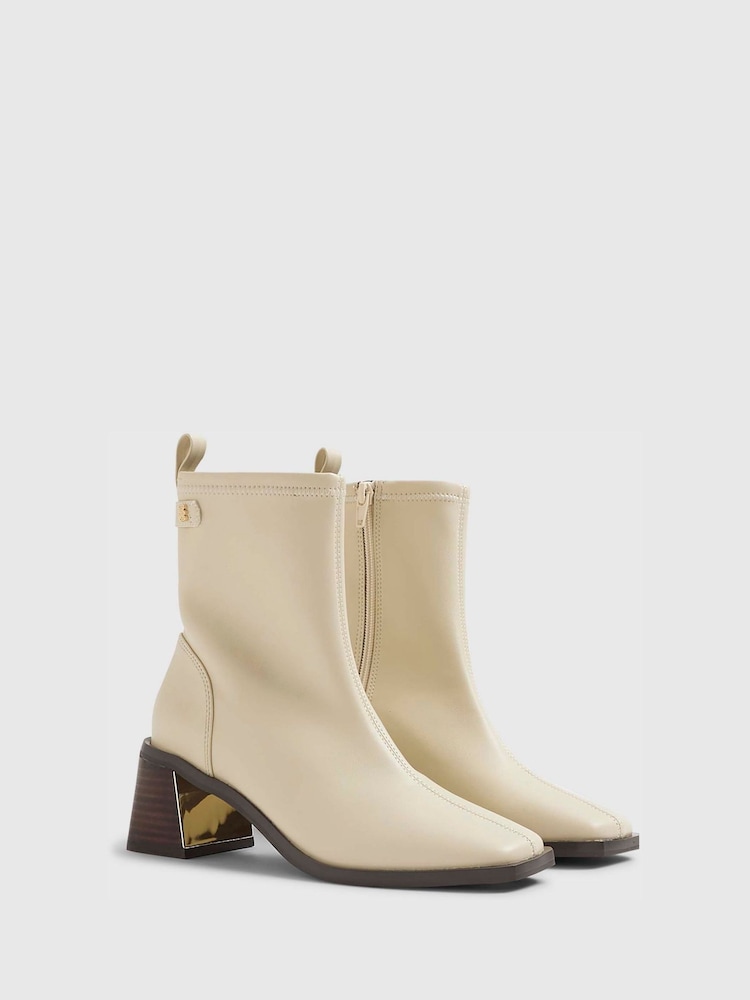 River Island Cream Block Heel Stretch Sock Boots - Image 2 of 5 River Island Cream Block Heel Stretch Sock Boots - Image 2 of 5