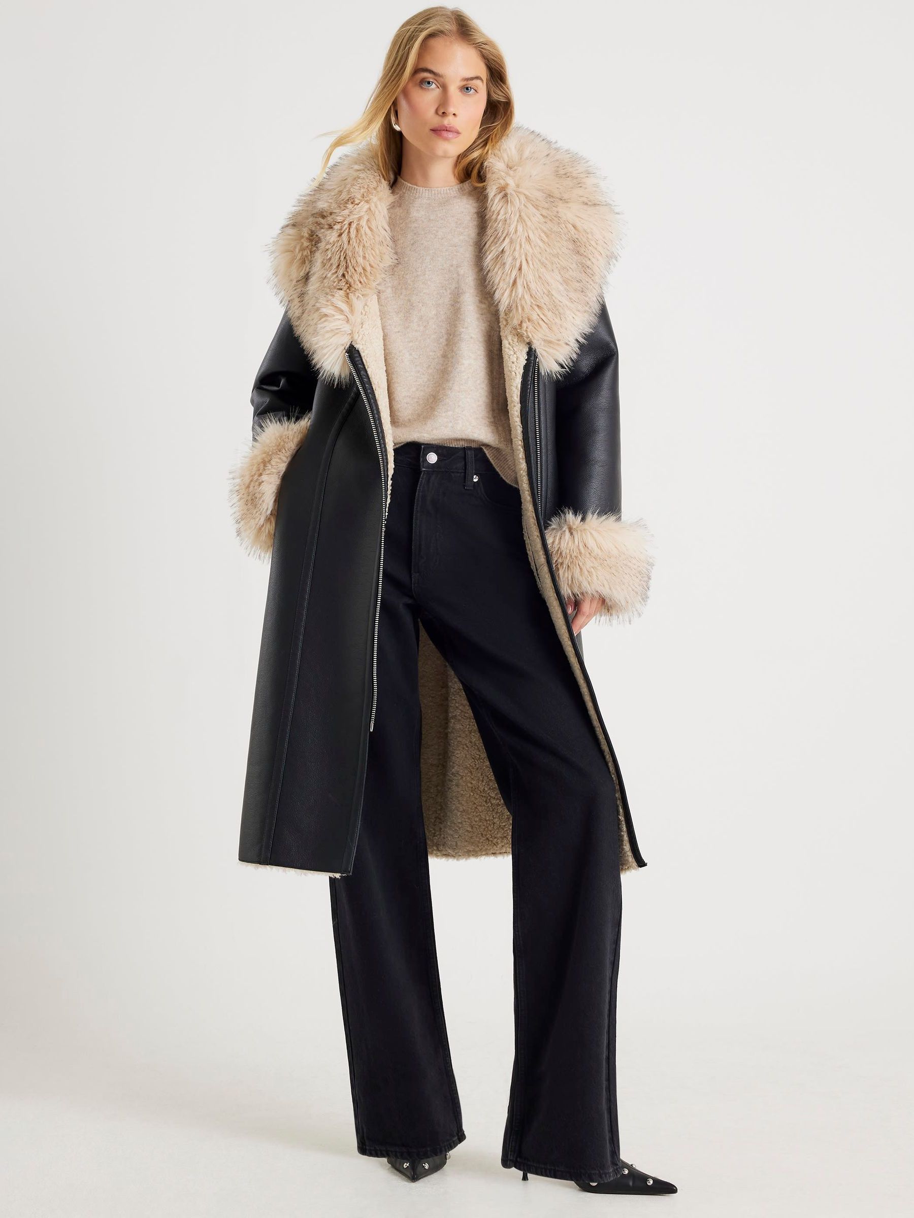 Buy River Island Black Fur Collar Shearling Trench Jacket from